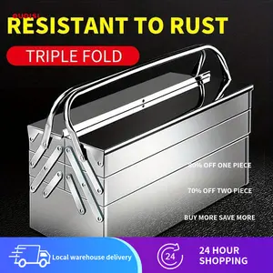 Stainless Steel Portable Triple-Fold Toolbox, Large-Capacity Multi-Functional Foldable Hardware Storage Box for Hardware & Car Maintenance, No Assembly Required