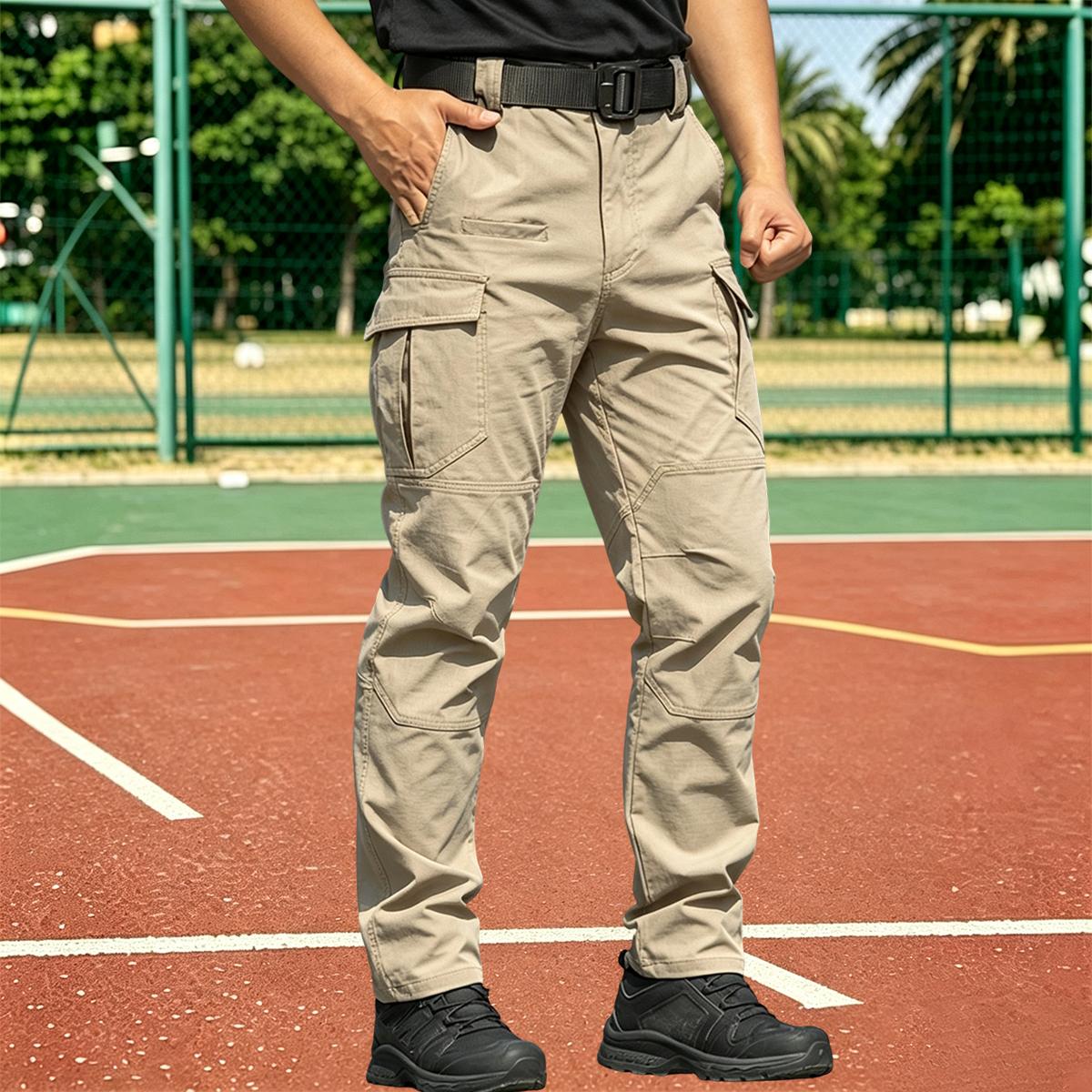 Men’s new multi-pocket tactical cargo pants—large-capacity side cargo pockets with zippers, drawstring waist; comfortable long outdoor sports pants for spring and autumn; casual workwear suitable for everyday wear and outdoor activities.