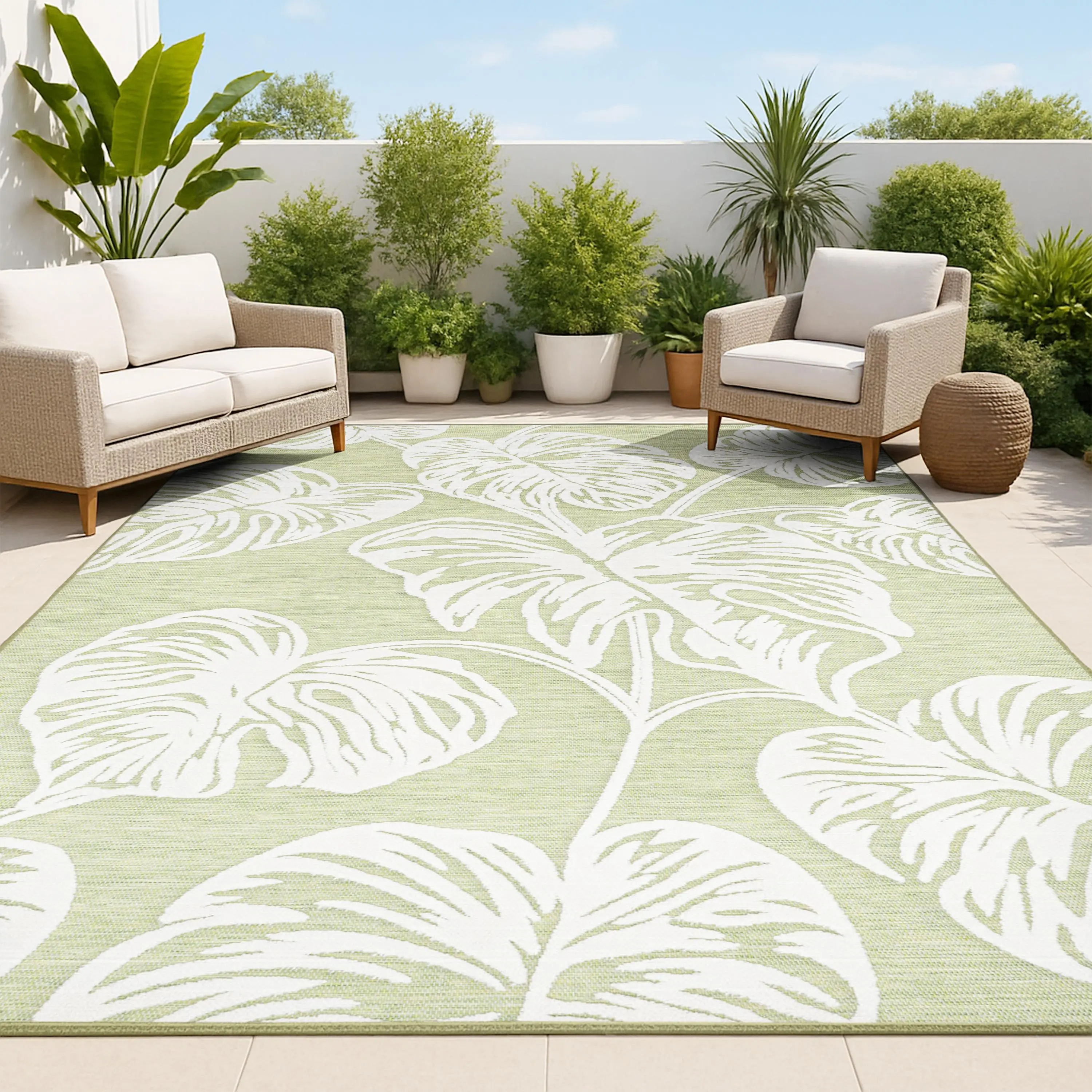JONATHAN Y Tobago High-Low Two-Tone Monstera Leaf Indoor/Outdoor Area Rug; for Living Room, Kitchen, Bedroom, Dining Room, Patio, Porch, Backyard