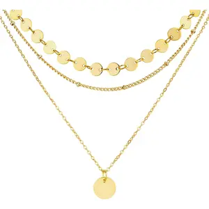 Unisex 3-Piece Classic Golden Coin Layering Necklaces Set, Adjustable Round Pendant Chokers with Chains, Dainty Layering Jewelry for Layering Outfits, Fashion Costume Accessories