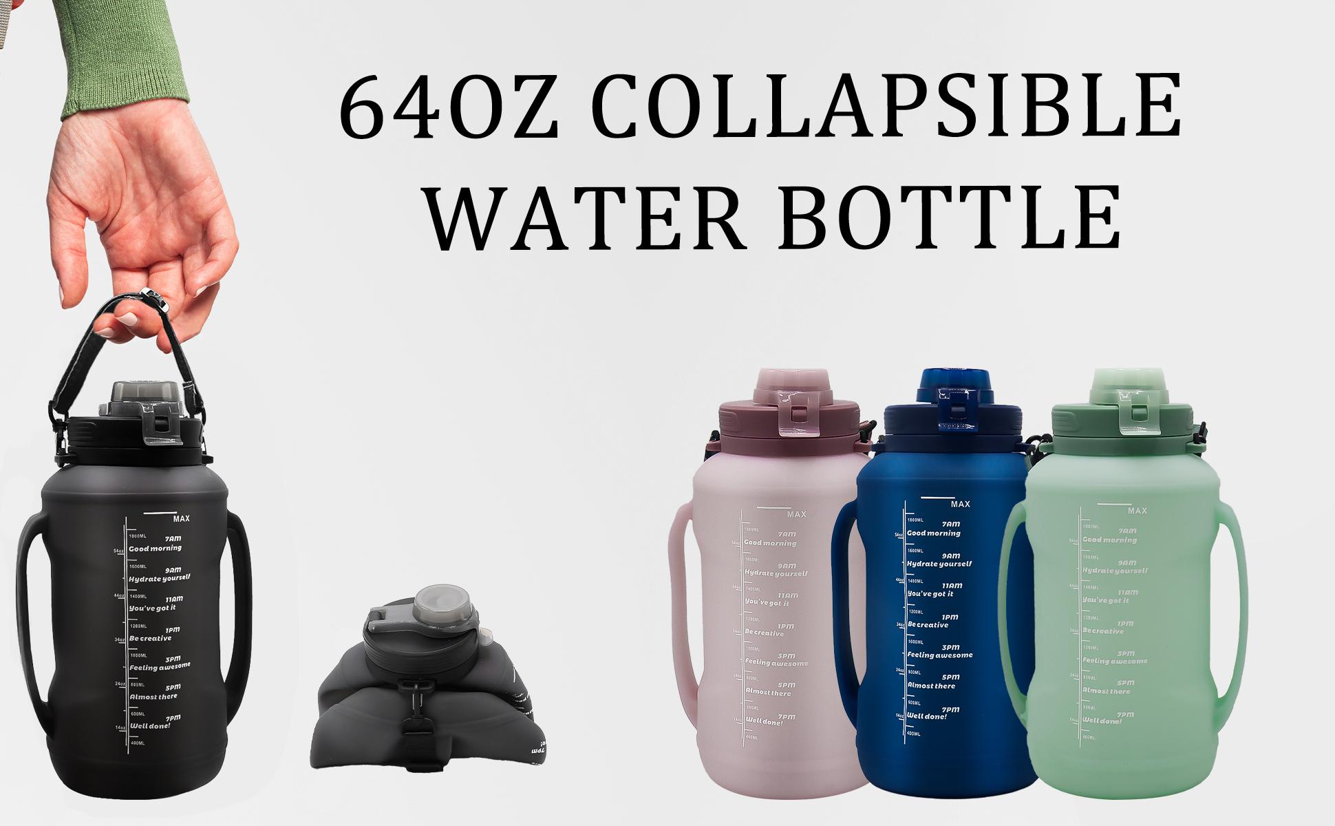 64oz Collapsible Water Bottle with Time Marker, BPA Free Silicone Foldable Water Jug with Handle & Straw, Leakproof Large Capacity Portable Water Bottle for Gym, Hiking, Travel, Sports