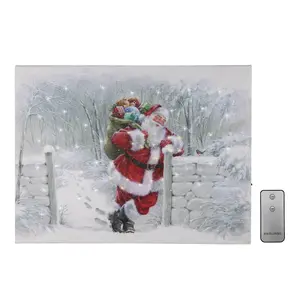 LumaBase Battery-Operated Lighted Wall Art Snowy Santa Full-Color Printed Canvas with 40 Cool White & 20 Warm White LEDs Remote Control Christmas Decor