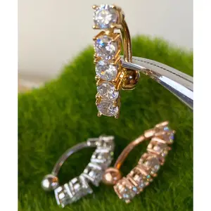 1pc Five CZ Gem Vertical Drop Belly Ring Reverse Navel Top Down Naval