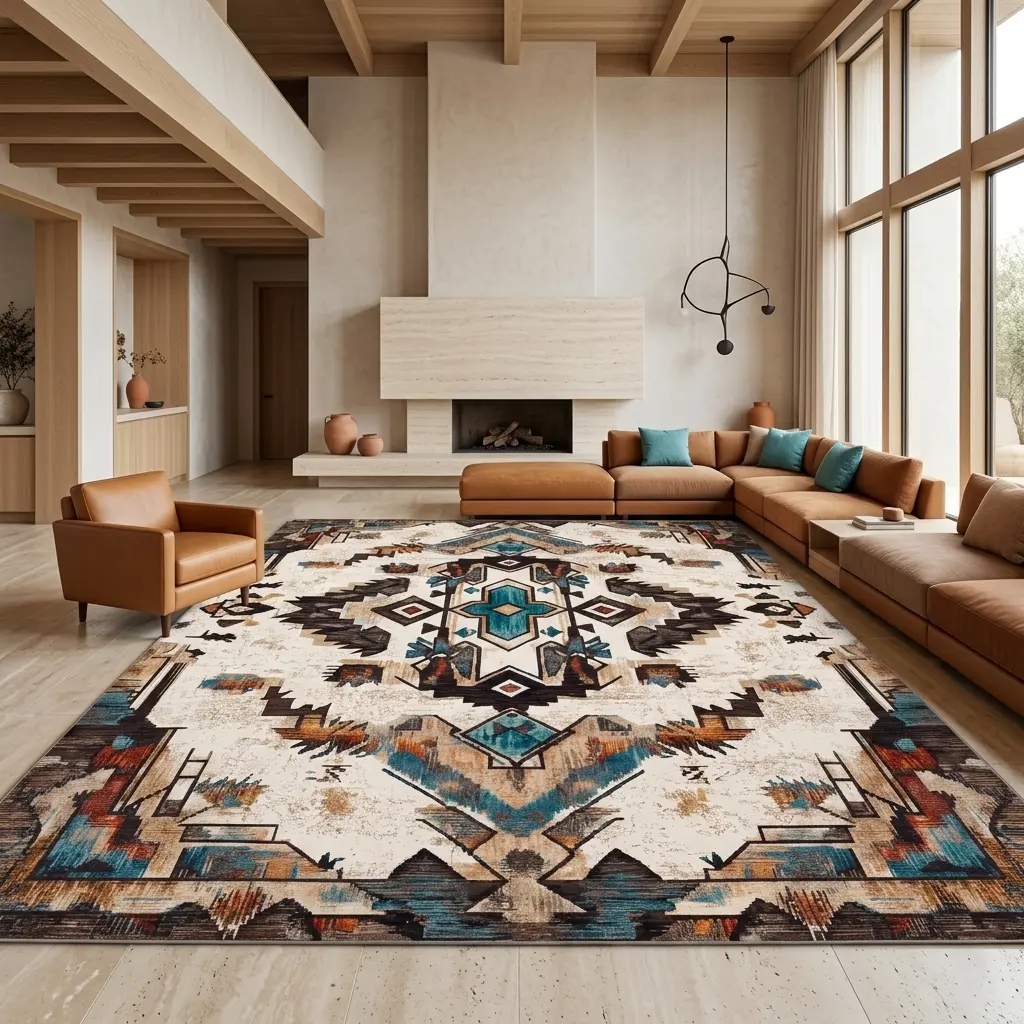 RUGIXE  Cream Turquoise Rust Southwestern Machine Washable Area Rug, Heavyweight Soft Velvet Rug with Non-Slip Backing, Geometric Diamond Large Living Room Rug, Wear-Resistant Comfortable Boho Floor Carpet for Bedroom and Home Office