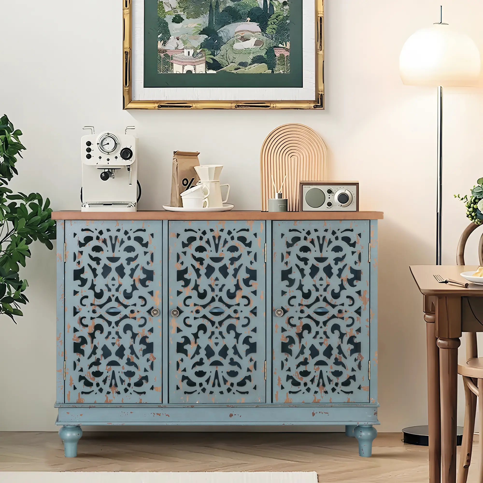 PHI VILLA Retro Style Medicine Cabinet, Bedside Table, Sideboard - Black Friday Collection with Hollow-Carved Wood-Crafted Detailing, Regular Door Bedroom Furniture Design Interior Nightstand Storage Organization Aesthetic