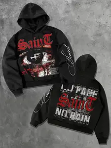 Gothic eye print pullover hoodie for men, slogan saint Christian saint aesthetic hoodie jacket, double-layer cloth hat European and American street casual fashion unisex autumn and winter geometric hoodie saint