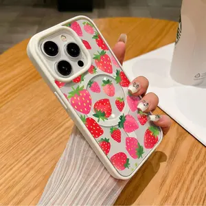 Strawberry Fruit Pattern Clear Magnetic Phone Case , clear acrylic Compatible with MagSafe Silicone Bumper Protective Cover For iPhone X XS 11 12 13 14 15 16 17 Pro Max Plus Air.QXE775