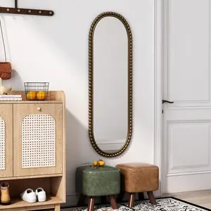 Oval Wall Mirror with Beaded Frame - Vintage Iron Design for Entryway & Bedroom Use - Quick Installation & Durable Metal for Home Decor