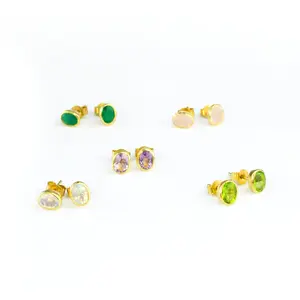 Dainty Birthstone Bezel Set Oval Stud Earrings
