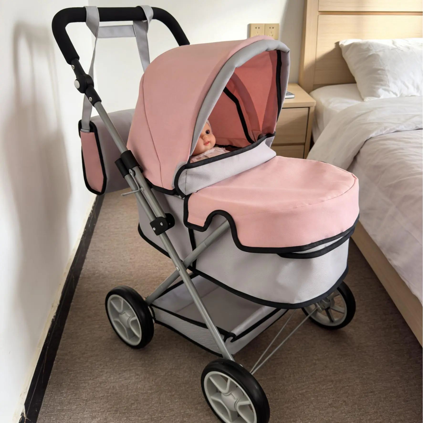 Doll Stroller Convertible Playset for 55cm/18-22 Inch Dolls, Adjustable Hood, Lightweight Foldable Buggy with Storage Basket, Shoulder Bag, Realistic Design for Toddlers 3-4 Years Playtime Fun