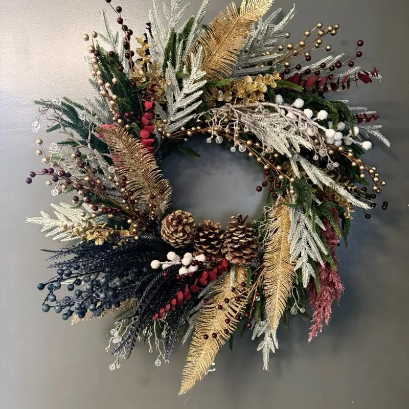 Feathers & Berries Wreath with Gold Accents and Natural Elements for Festive Home Decor