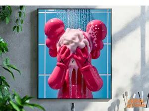 Funky Pink Kaws in Shower Hypbeast Poster - Printable Art for Shower Wall, Washroom Wall Decor