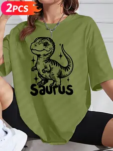 Women's Casual Short Sleeve Crew Neck Cotton T-Shirt - 2 PCS Cute Cartoon Dinosaur "Saurus" Print Set, Multiple Colors, Machine Washable, Spring and Summer Top, Soft Skin-Friendly Fabric, Daily Wear, Fashion Design