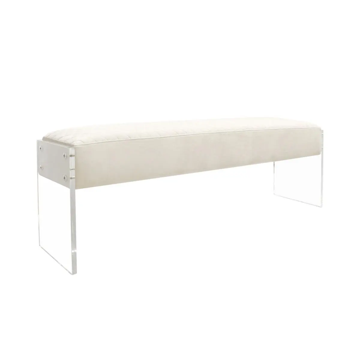 Pasargad Home Tribeca Ivory Modern Velvet Upholstered Acrylic-Base Indoor Bench - 59w x 14d x 18h, Cushioned, Minimalist Small Stool, Dining Room Furniture