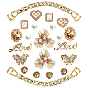 20PCS Bling Shoe Charms Set - Gold Chain, Pearl, Butterfly, Flower Clog Charms, Cute DIY Shoe Accessories for Women Sandals