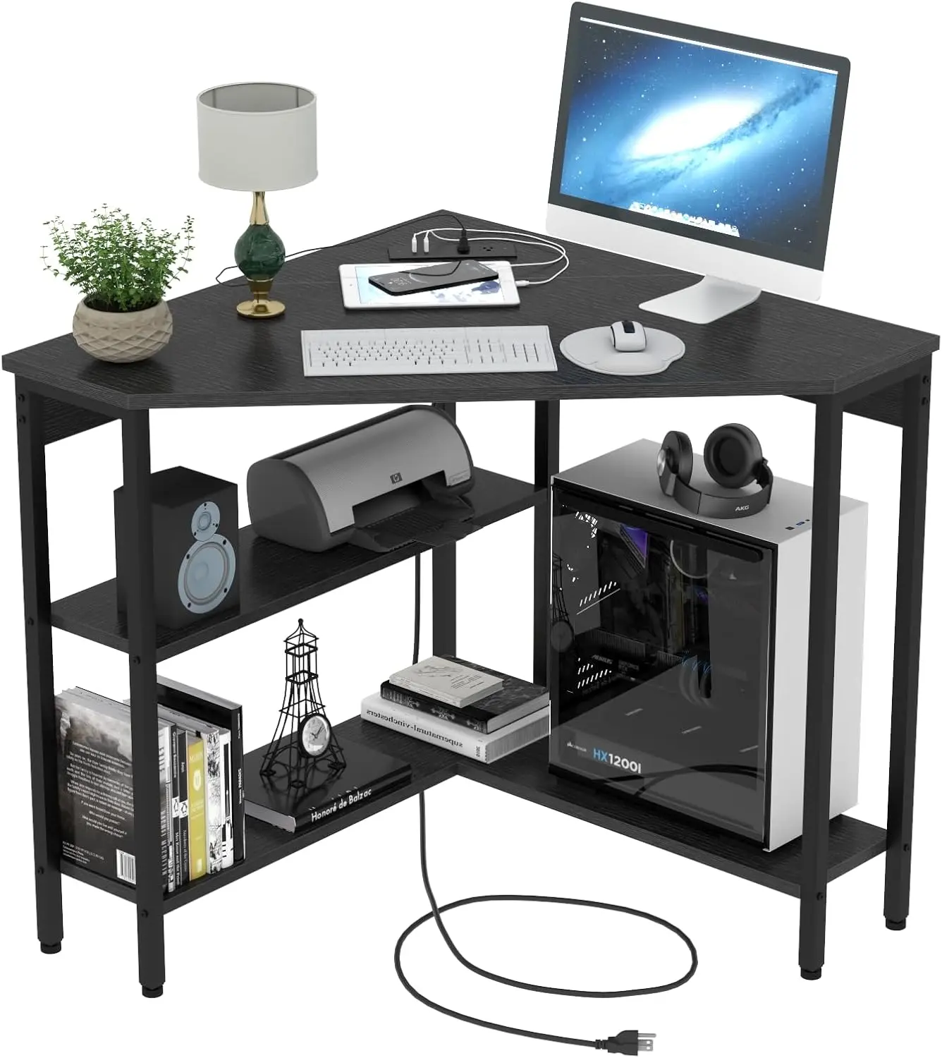 Homedoki 90-Degree Power-Ready Triangle Corner Desk with Outlets, USB Ports, CPU Stand, Storage Shelves & Charging Station, Black Table for Home Office & Bedroom, Computer Desks, Home Office Desks