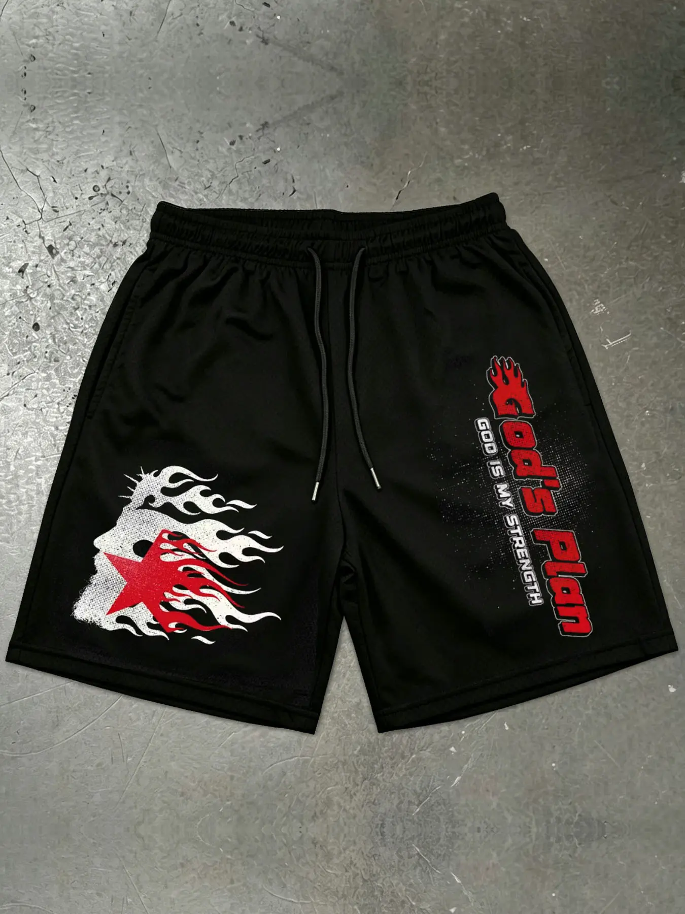 1 PCS Black Mesh Shorts, "God's Plan - God Is My Strength" Flame Star Graphic Print, Retro Faith-Inspired Streetwear, Breathable Drawstring Athletic Shorts, Ideal for Gym, Casual Wear & Christian Fans