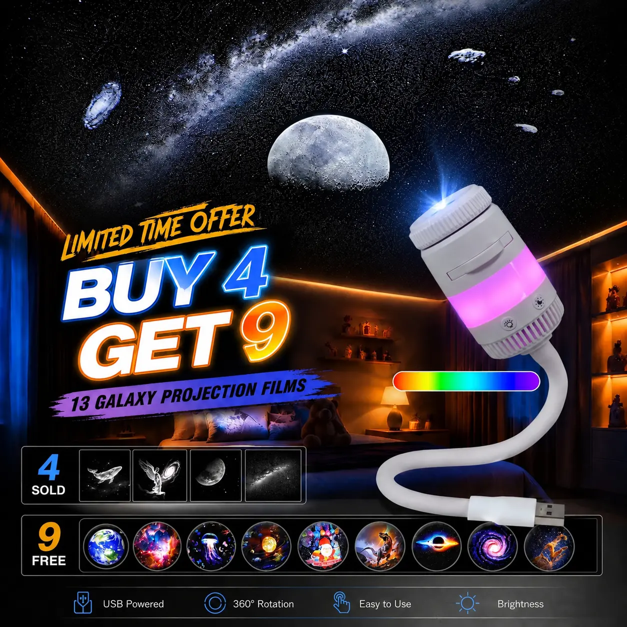 13-in-1 USB Star Sky Projector Lamp, Mini Galaxy Night Light for Bedroom, Romantic Room Decor, Kids Room, Dorm Room & Indoor Space, Perfect Birthday & Holiday Gifts for Kids, Teens, Friends
