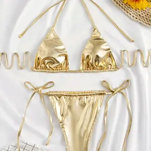 Gold Metallic Bikini Set Hand Wash Side Ties Halter Micro Triangle Bra & Tie Side Thong 2 Piece Swimsuit for Beach Style