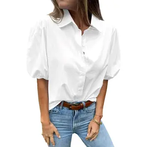 Womens Summer Casual Short Puff Sleeve Tops V Neck Collared Button Down Dressy Blouse Elegant Womenswear Shirt