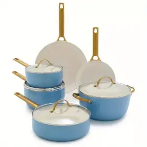 Triple Delight Non-Stick Pan Set - White & Blue Elegance, Gold Handles, Perfect for All Your Cooking Needs - Durable & Scratch-Resistant