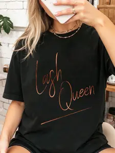 100% Cotton Eyelashes Lash Queen Ombre Handwriting Tee for Makeup Artist T-shirt Short Sleeve Crew Neck Casual Top For Summer & Spring, Women's Clothing