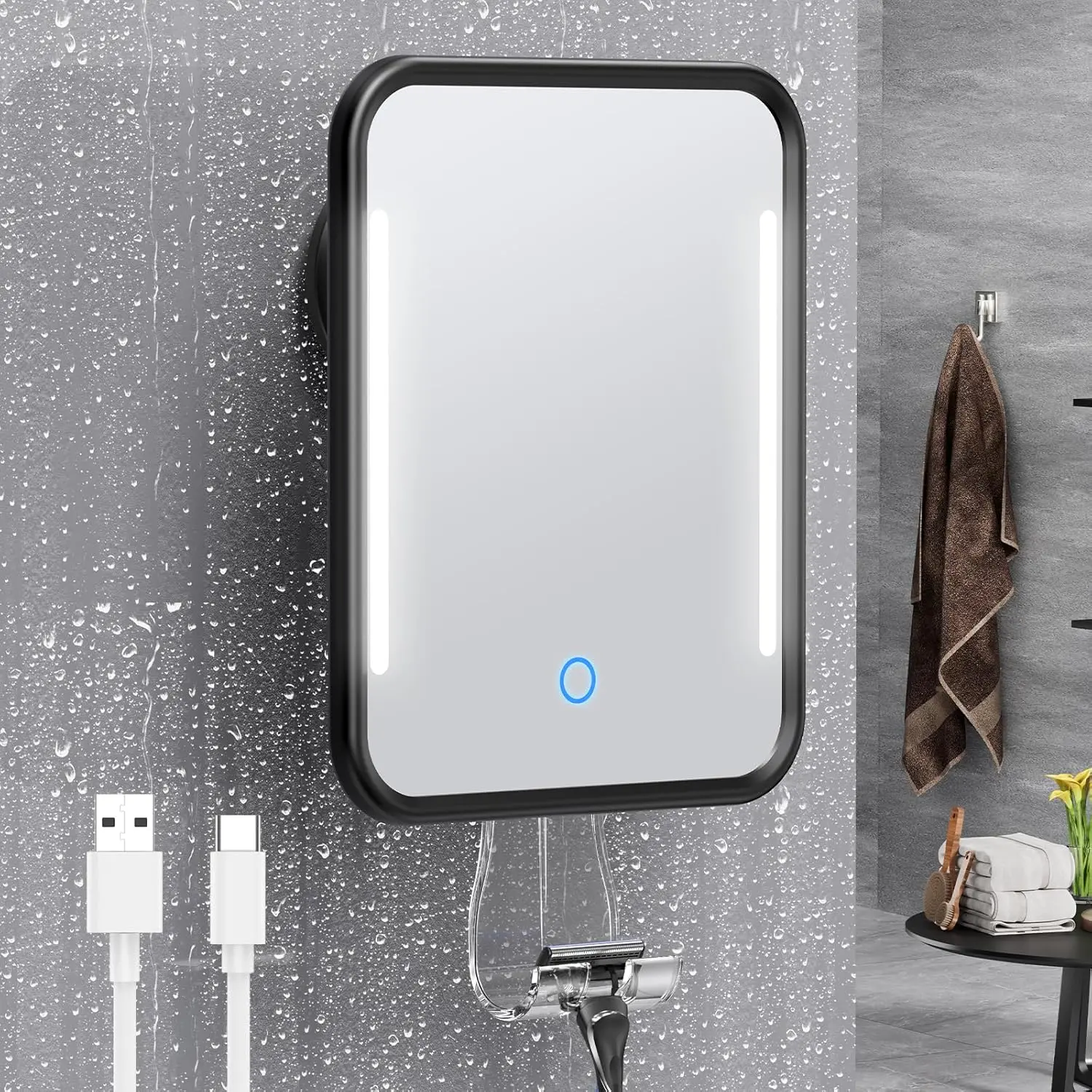 Black Rectangle Heated Bathroom Vanity Mirror - Fogless Shower Wall Mirror with LED Lights, Rechargeable Battery, Adjustable Brightness, Suction Cup, Razor Holder, Removable, No-Drilling, Waterproof Bathroom Gadget, Shower Mirror