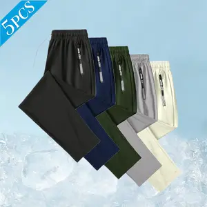 5-Pack, Men's Summer Sports Pants,  Quick-Dry Breathable Comfortable Stretch Fabric with Zippered Pockets & White Letter Print, Ankle-Length Lightweight Joggers