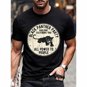 Men's Plus Size Cotton Round Neck Short-Sleeve T-Shirt - Casual Fashion Top with Panther Party Print, Suitable for Outdoor Sports and Leisure