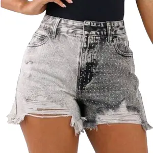 Rhinestone High Waist Denim Shorts No Stretch with Distressed Design and Frayed Hem