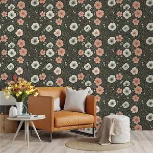 Vintage Floral Wallpaper, Dark Base, PVC Material, Peel and Stick, Ideal for Kitchen, Living Room, Bedroom, Wall Decor