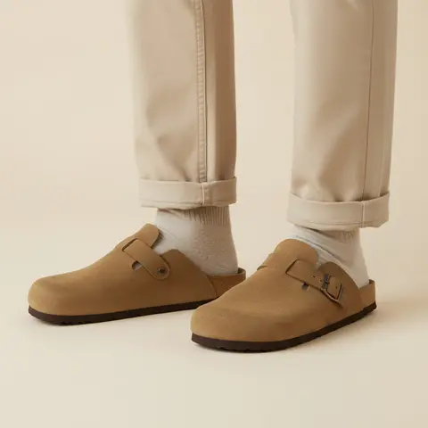 Cushionaire Haze Men's Leather Clog - Soft Genuine Suede Slip-On Shoes for Men with Cushioned Heel Cup and Contoured Cork Footbed