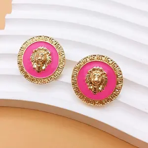 Vintage Lion Head Stud Earrings with Pink Center and Gold Finish, Circular Design Luxurious Elegant
