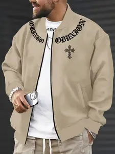 Trendy Men's Geometric Pattern Baseball Jacket, Casual Loose-Fitting Long Sleeve Outerwear, Daily Street Style Clothing