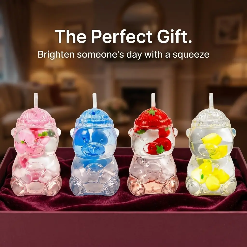Squishy Toy Bear with Hat, 1 Random Bear in Blind Box, Transparent Stress Relief Sensory Fidget Toy for Kids & Adults, Soft Water-Filled Squeeze Toy with Fruit Inside, Cute Desk Decor and Party Favors, Anxiety Relief Gift