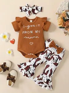 Baby Girl Outfit Ribbed I Got It From My Mama Ruffled Romper Flared Pants Newborn Baby Girl Clothes 0-12 Months