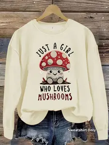Women's Casual Fitted Cartoon Mushroom Pattern Pullover Sweatshirt, Soft Long Sleeve Round Neck, All-Season Comfort, Womenswear Tops
