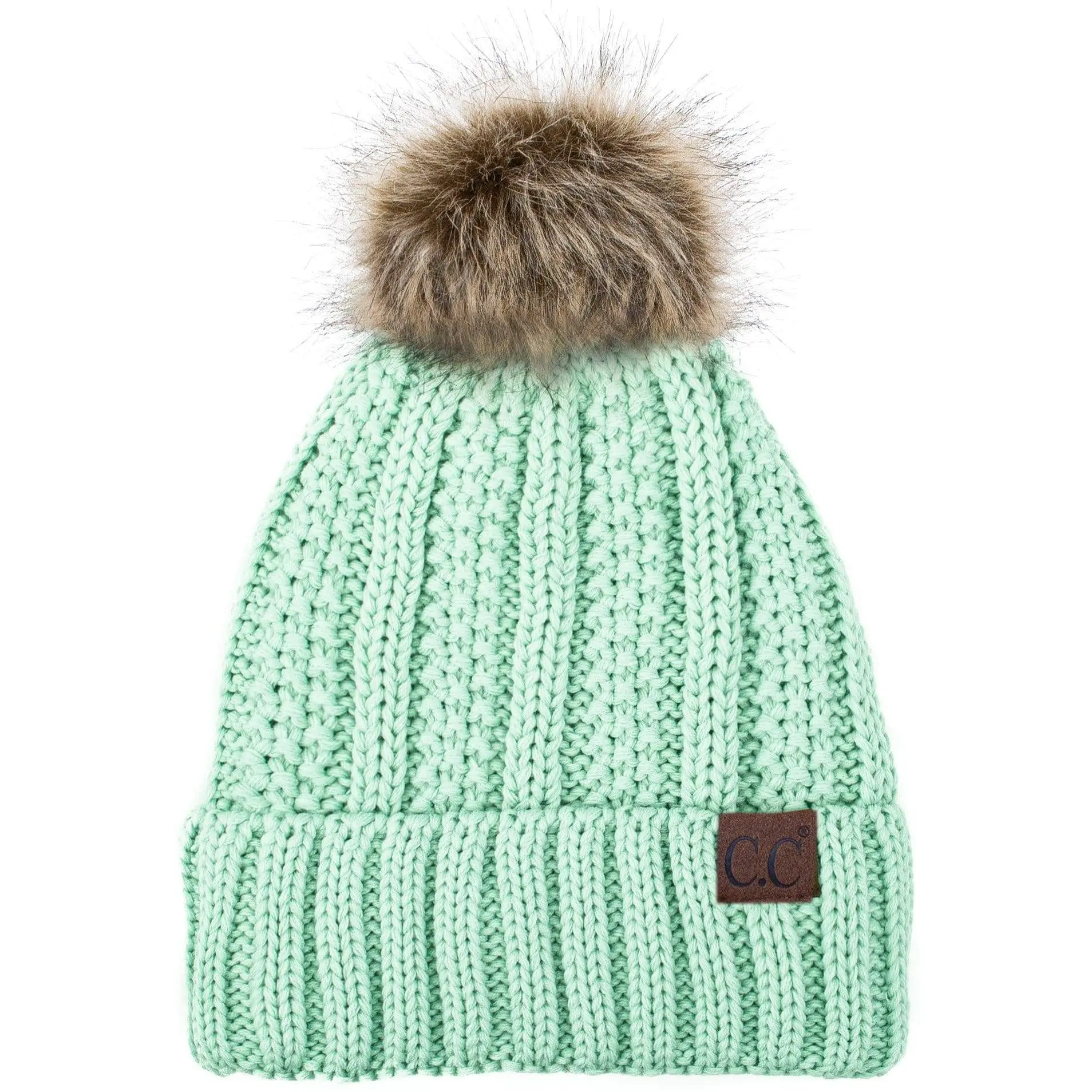 Cozy Cable Knit Beanie with Faux Fur Pom, Fleece Lined, Unisex Winter Hat Thick Cable Knit Beanie with Faux Fur Pom Pom Fleece Lined  main image 2