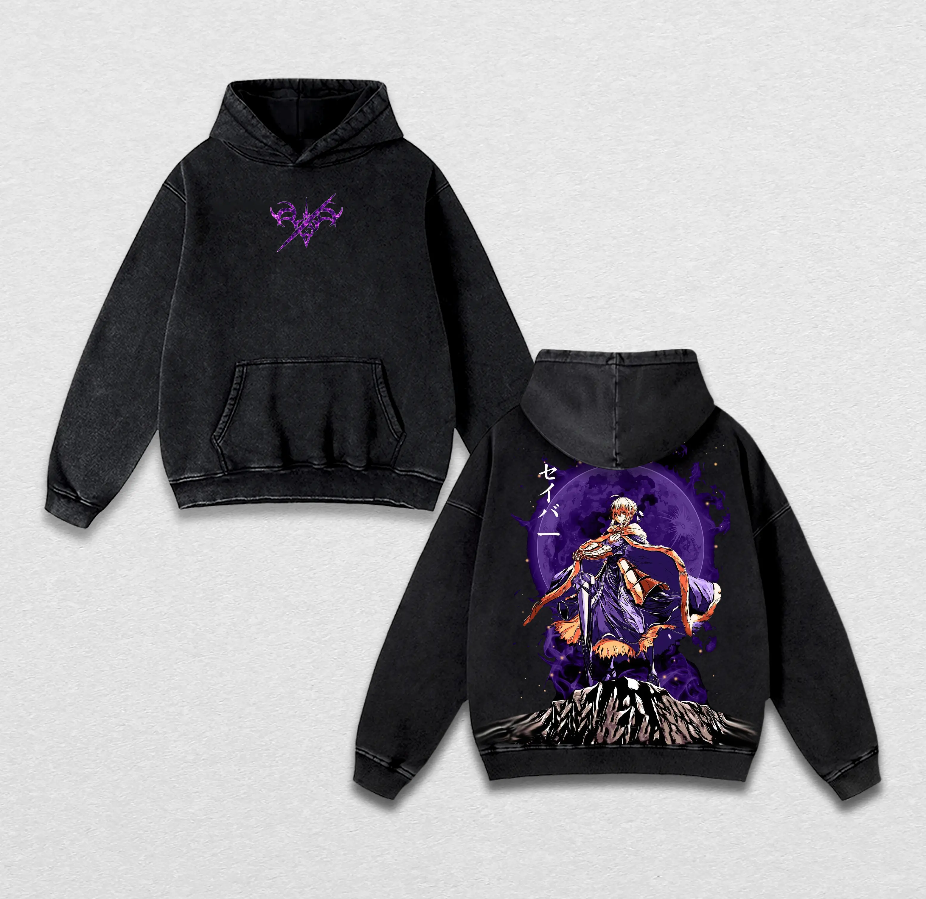 Fate/stay night Saber Artoria Washed Hoodie & T-Shirt – Unisex Oversized Heavyweight Anime Graphic Pullover, Retro Vintage Manga Streetwear Gift