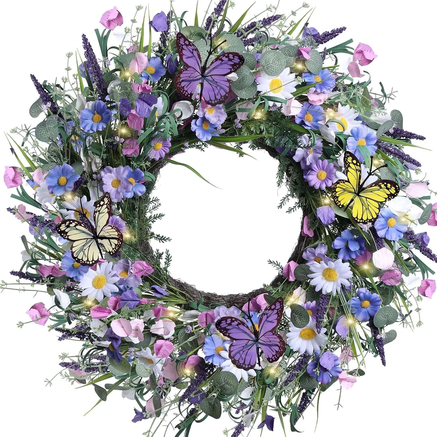 24 Inch Spring Wreaths for Front Door, Artificial Daisy and Lavender Flower Wreaths, Daisy Floral Twig Front Door Wreaths, Spring and Summer Wreaths for Front Door Lavender Home Wall Decor, Purple