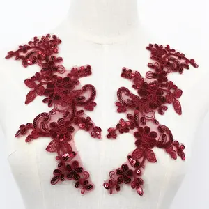 Pair of Embroidery Sequin Lace Applique Fine Lace Fabric Patches Embroidered Trim Applique Motif Wedding Gown Dress Bridal DIY Crafts(Wine)