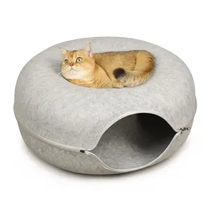Cat Tunnel Bed for Indoor Cats, Large Cat Cave Bed, Scratch Resistant & Washable Cat Donut Bed cathouse , Cat Home, 20 inch Light Grey, Easy to Assemble, Cats Love it