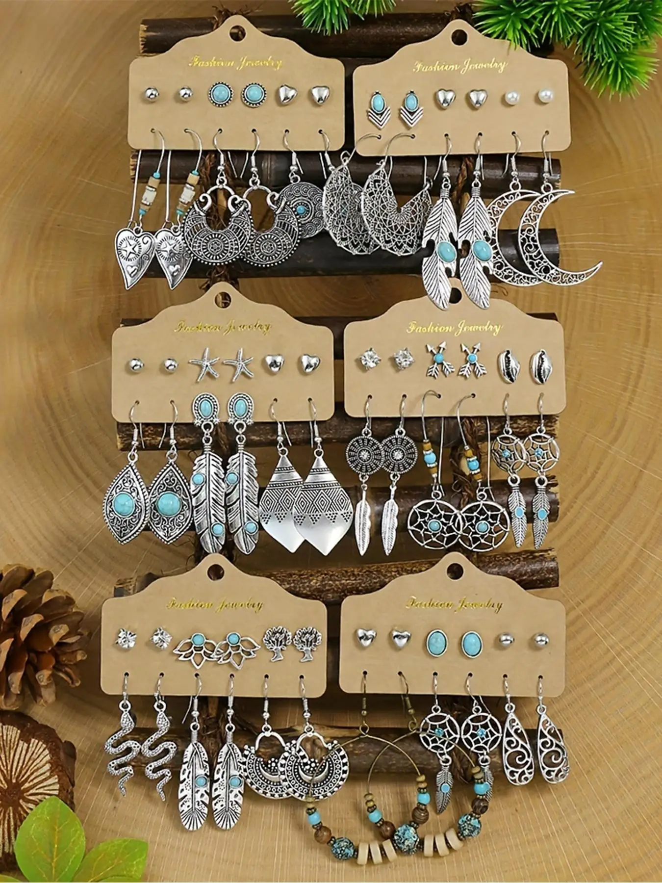 Summer 2024 Boho Hollow Out Feather Turquoise Textured Shell Design Dangle Earrings, Heart Rhinestones Faux Pearl Stud Earrings, Vintage Summer Unique