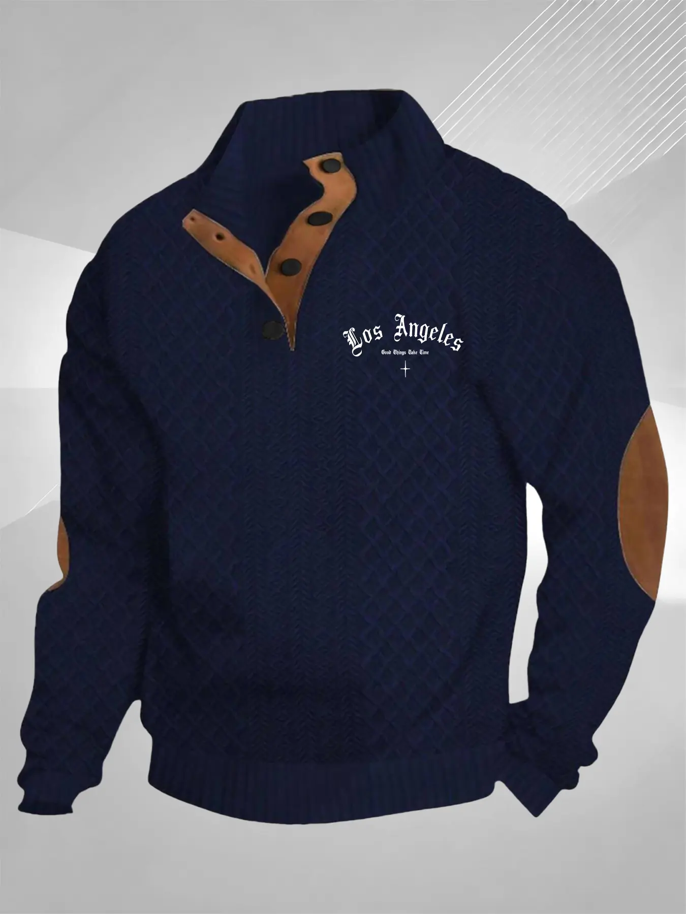 Men's Casual Long Sleeve Diamond Texture Polo Shirt, Los Angeles Letter Pattern, Soft Fabric, Fall & Winter Fashion