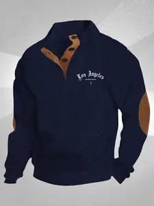 Men's Casual Long Sleeve Diamond Texture Polo Shirt, Los Angeles Letter Pattern, Soft Fabric, Fall & Winter Fashion