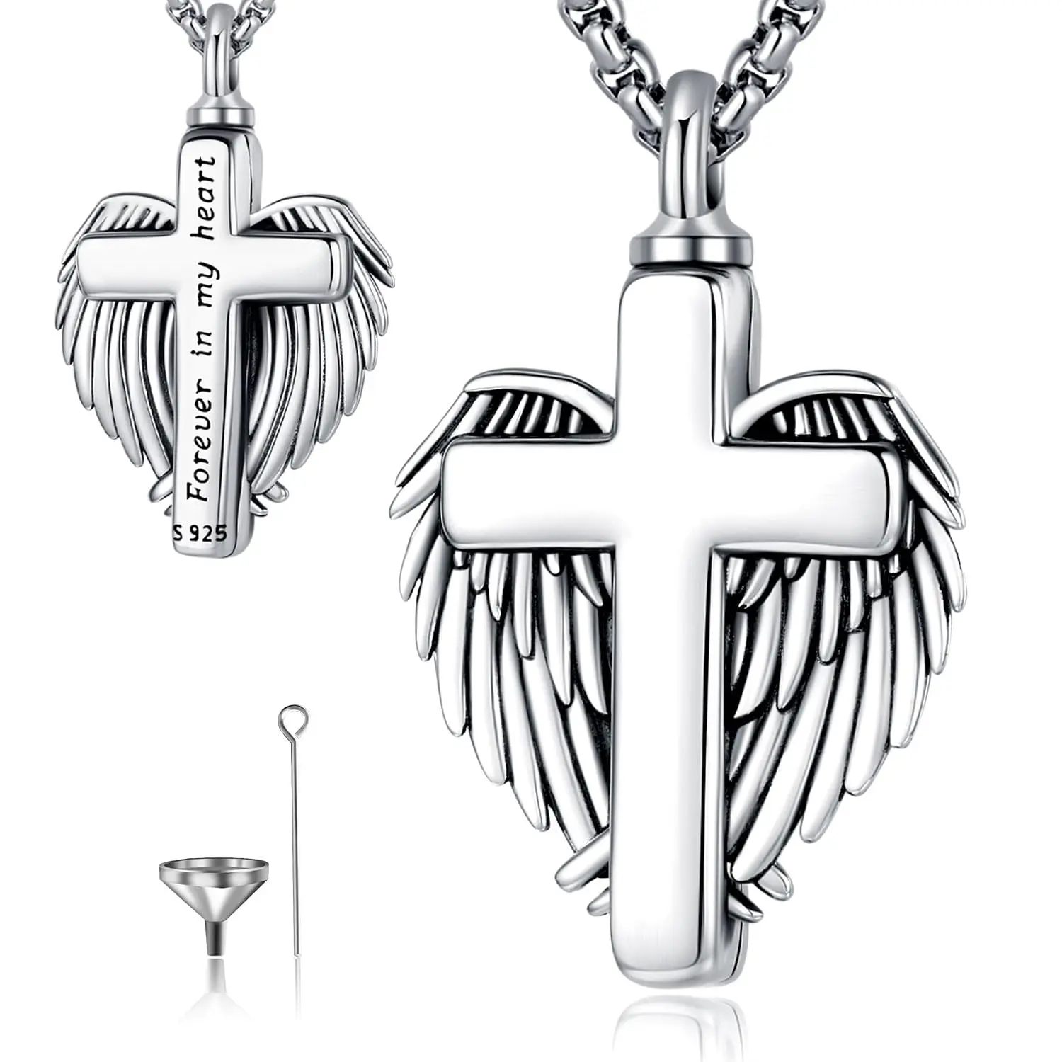 Thanches 925 Sterling Silver Heart Cross Urn Necklace for Ashes Cremation Jewelry Memorial Pendant for Pet Cat Dog Angel Design Keepsake for Love One