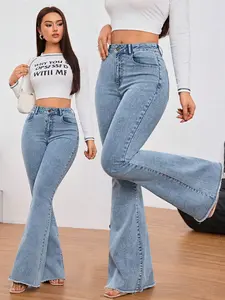 Tall Women's Micro Flare Frayed Edge Denim Jeans, Fashionable Simple Style, Casual Loose-Fitting Solid Pattern, All Seasons Wear