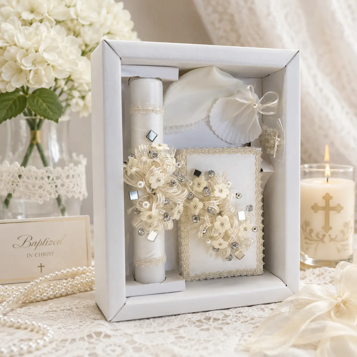 Baptism Candle Set 5 Piece Style 56 Ivory Decor with Intricate Details & Crystal Accents