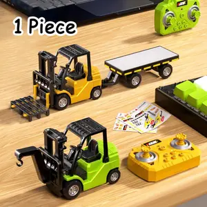 1/64 Mini Alloy Remote Control Forklift Set with Trailer, Remote Control Truck, Desktop Mini Toy Car, Desktop Play, Desktop Entertainment, Birthday Gifts for Boys Kids, RC Construction Truck, RC Construction Vehicles