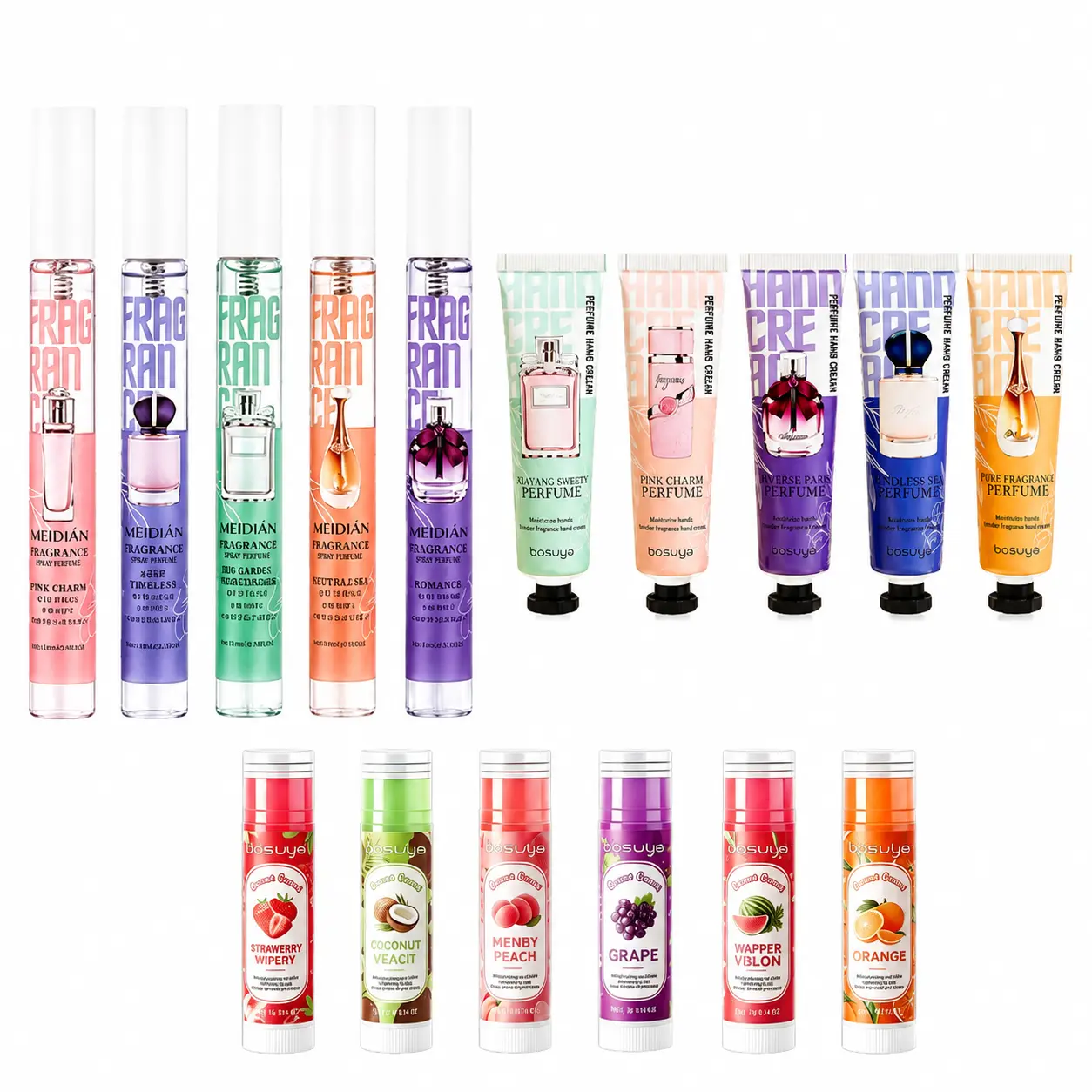 16Pcs Mini Self-Care Gift Set | 5 Mini Perfume Samples 5 Scented Hand Creams 6 Fruit Lip Balms, Vitamin E Coconut Hydrating Lip Moisturizer, 24H Hydration Non-Greasy Hand Lotion, Wedding Baby Shower Guest Favors Bulk Party Gifts